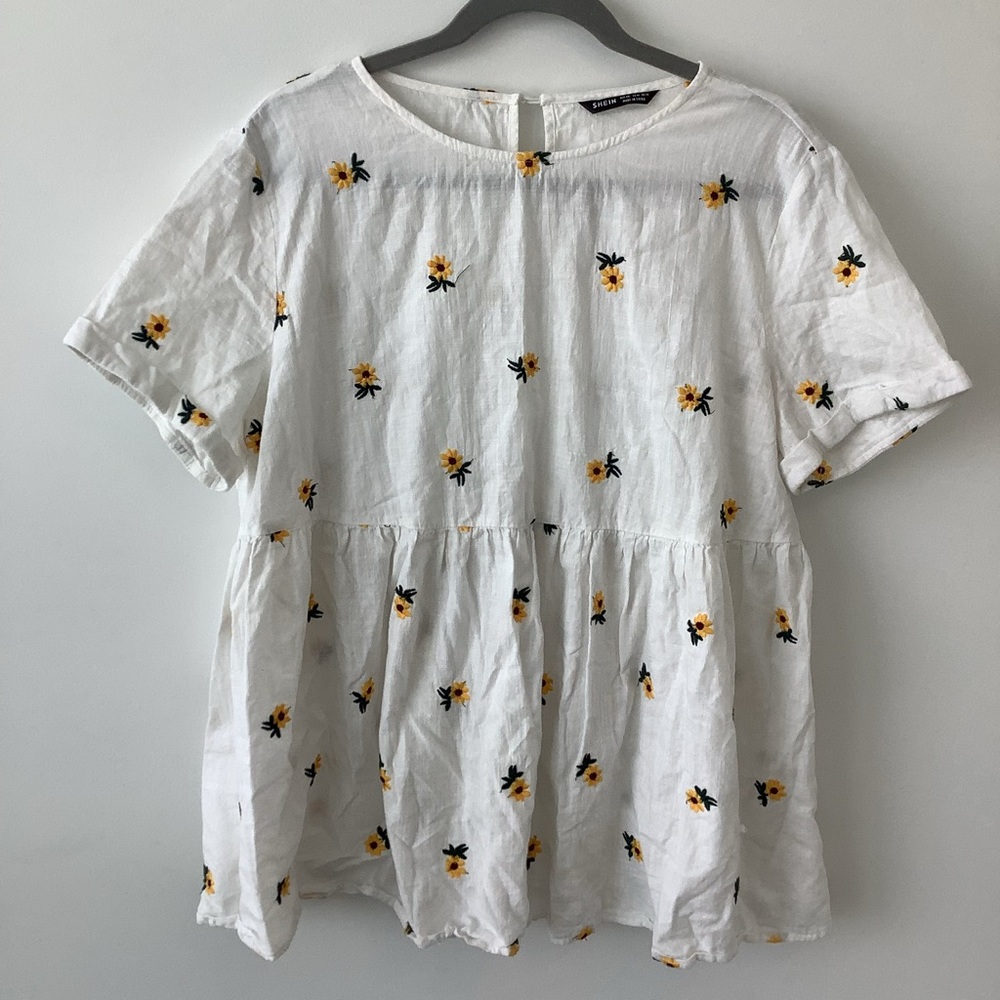 Sunflower Embroidered Blouse white shirt sleeve Size xxl